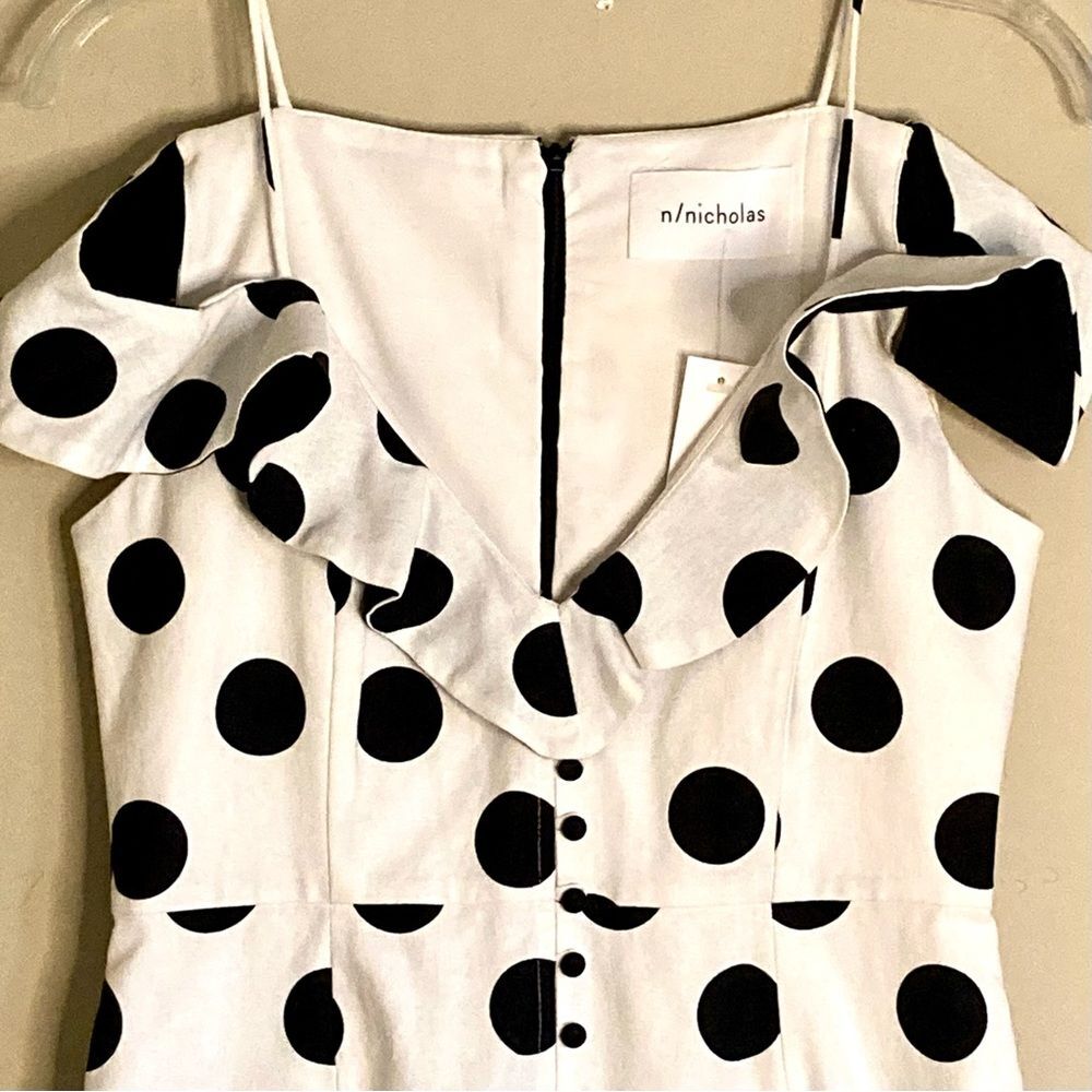 NICHOLAS Black Polka Dot on White Ruffled Midi Dress - Picture 8 of 16